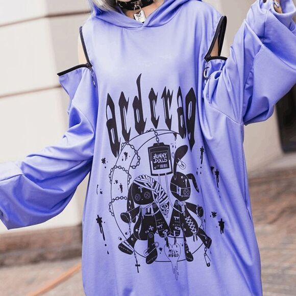 Goth Punk Bunny Ear shoulder zip purple hoodie - Picture 3 of 4